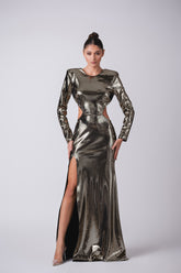 High slit metallic maxi dress with open back